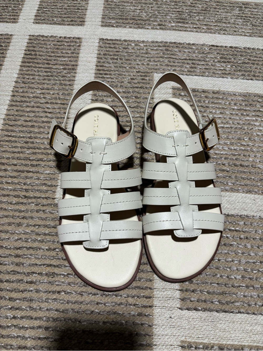 Cole Haan White Strappy Leather Slingback Sandals with Gold Buckles